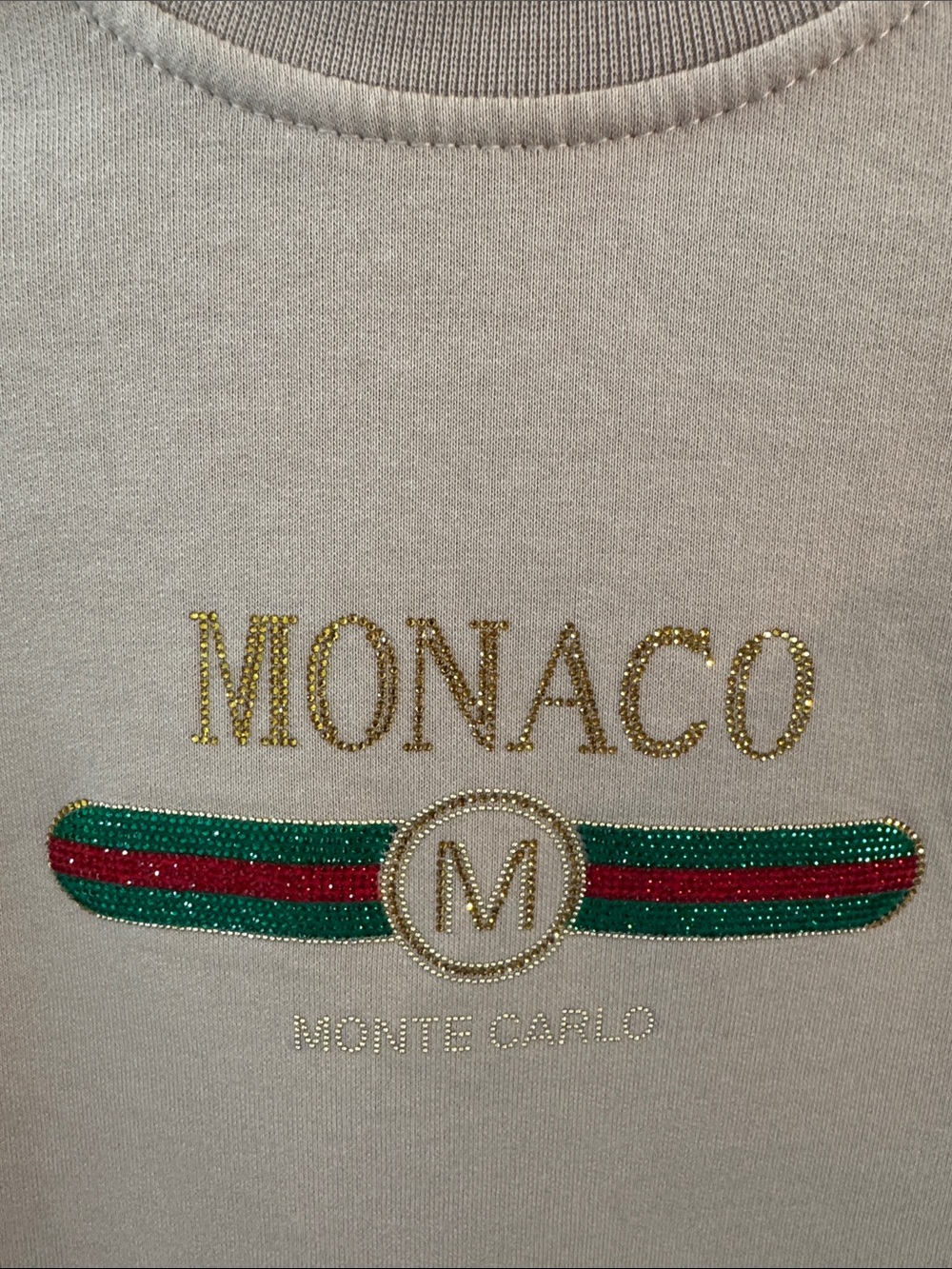Beige Sweatshirt with Rhinestone Monaco Patch Size Small Made in France Bling F1 - Picture 4 of 7